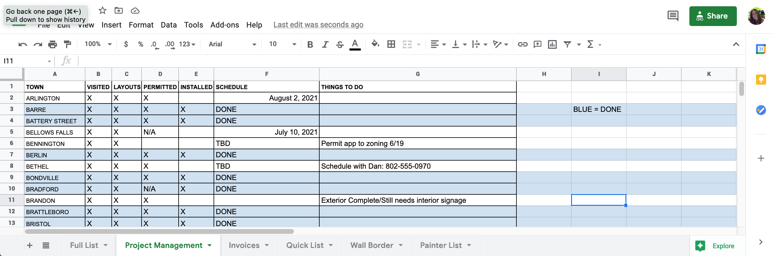 Example screenshot of using google sheets for project management